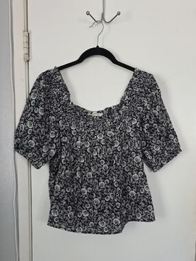 LOFT Black and White Floral Smocked Neck Blouse